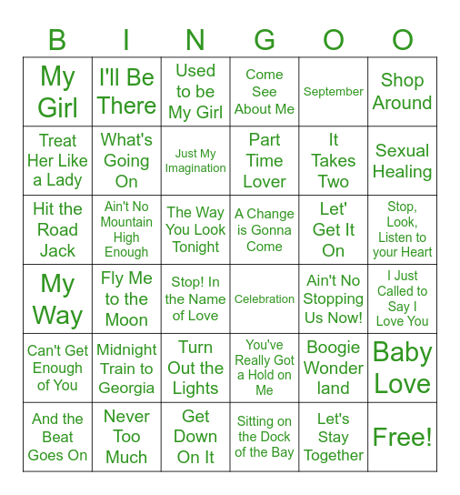 Motown Greatest Hits Bingo Card