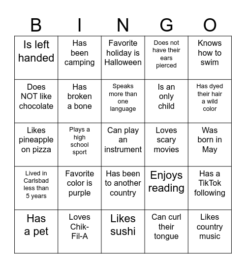 Hello Classmates Bingo Card