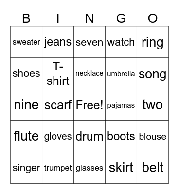 Clothing/Instruments/Numbers Bingo Card