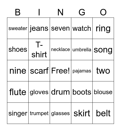 Clothing/Instruments/Numbers Bingo Card
