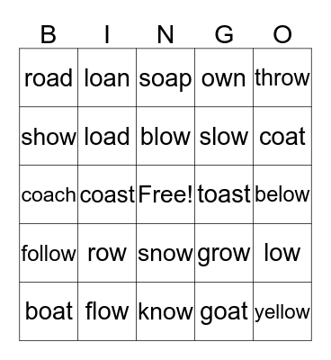 long o sounds: oa & ow Bingo Card