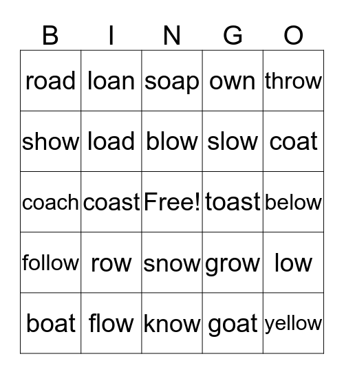 long o sounds: oa & ow Bingo Card