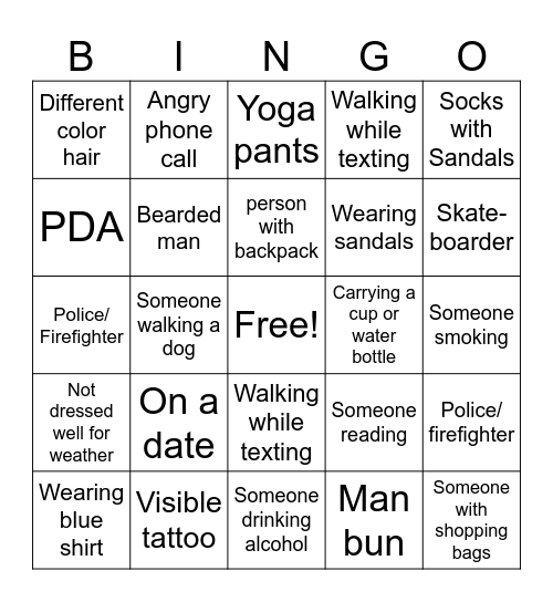 People Watching Bingo Card