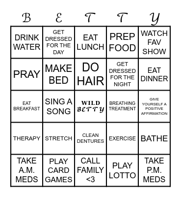 Bettys' Daily Task Bingo Card