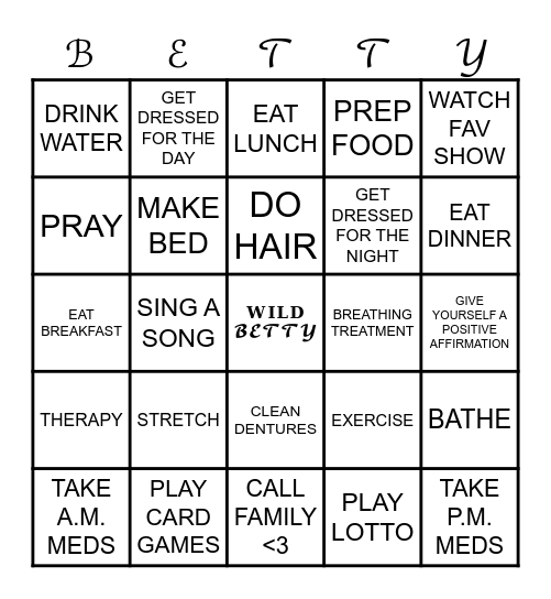 Bettys' Daily Task Bingo Card
