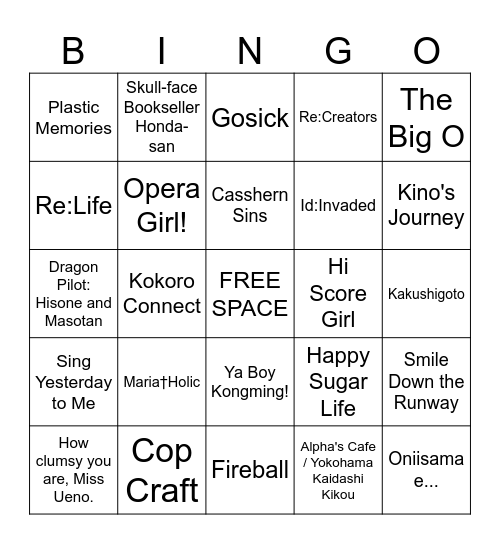 Obscure (ish) Anime Bingo Card