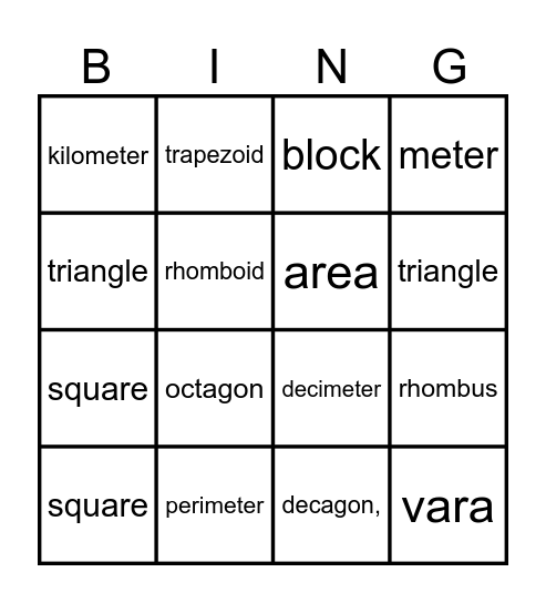 math Bingo Card