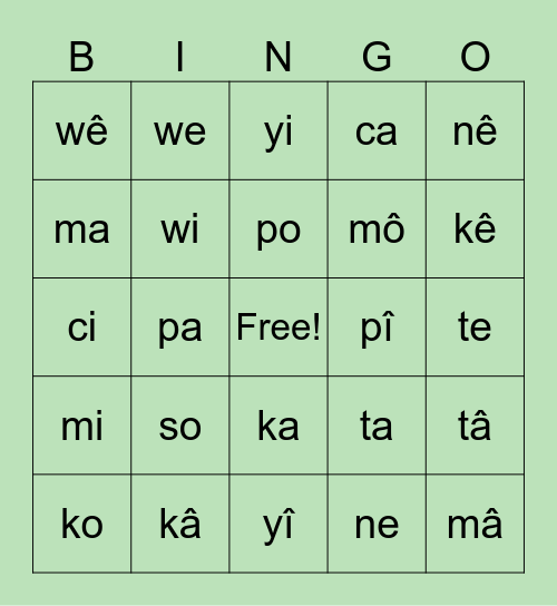 CREE SOUND BINGO Card