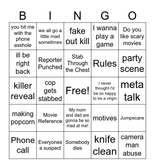 Scream Bingo Card