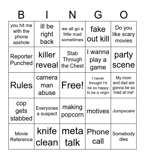 Scream Bingo Card