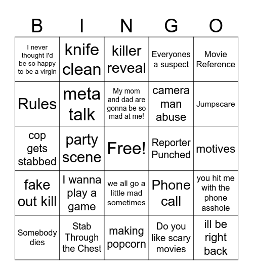 Scream Bingo Card