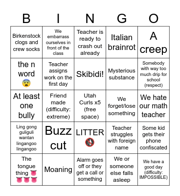 First day of school predictions Bingo Card