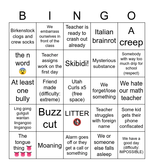 First day of school predictions Bingo Card