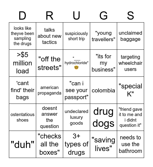 To Catch A Smuggler Bingo Card