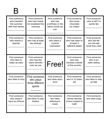 Find a Friend Bingo Card