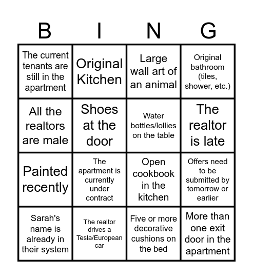 Open House Bingo Card