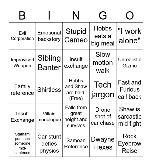 hobbs n shaw Bingo Card