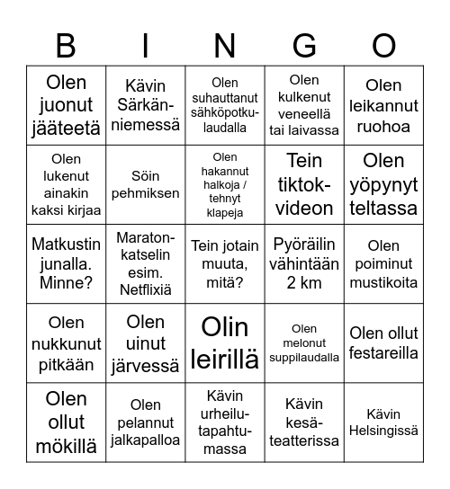 Mitä teit viime kesänä? Bingo Card