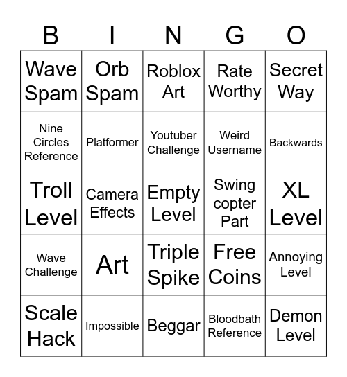 Geometry dash Bingo Card