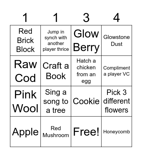 MineCraft Bingo Card