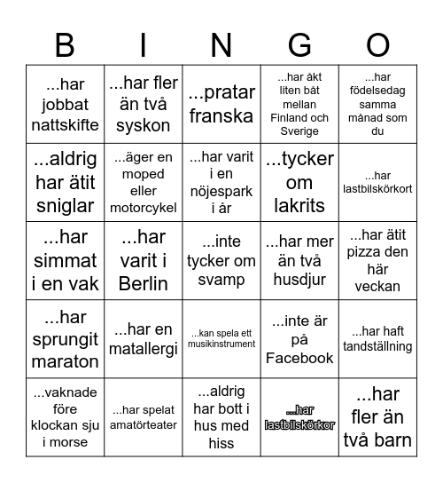 Festmingel-bingo  Samla fem kryss i rad, vågrätt,  lodrätt eller diagonalt. Fina priser väntar de fem första  som ropar BINGO! Kan du fylla hela brickan? Då har du fått SUPER-BINGO!  Hitta och presentera dig för någon som... Bingo Card