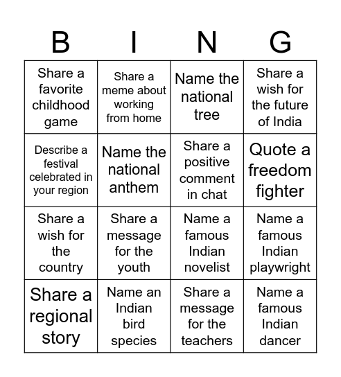 Jashn-e-Azadi Bingo Card