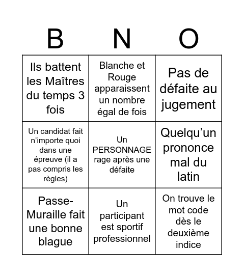 Bingo Fort Boyard Bingo Card