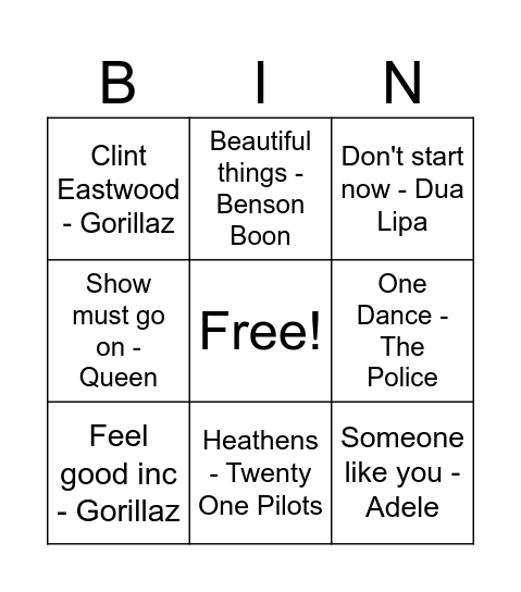 Music Bingo Card