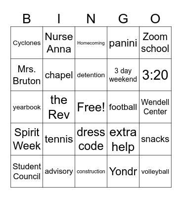 Freshman Bingo Card