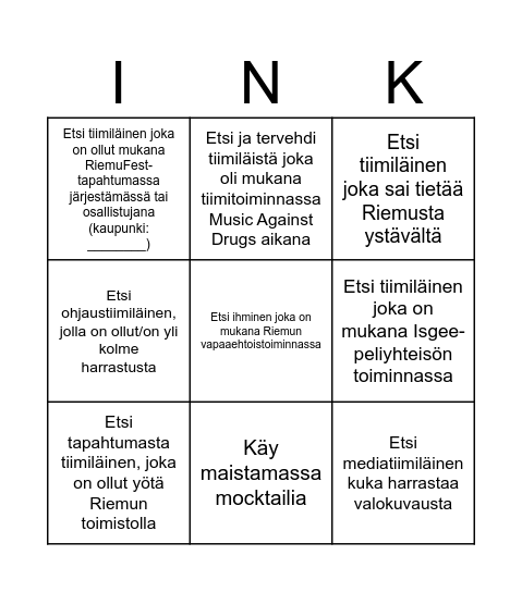 Ink 10v Tapahtuma Bingo Card