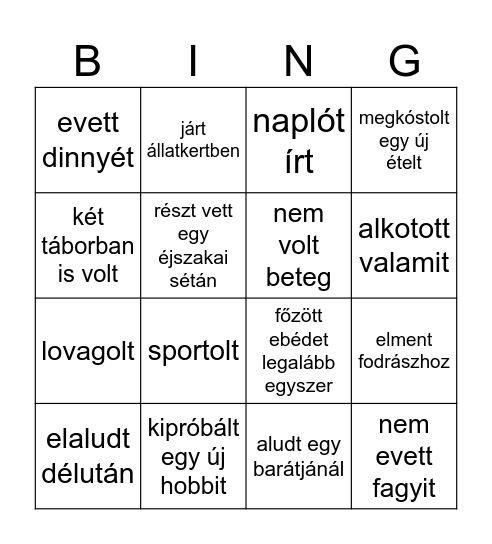 Nyári élmények Bingo Card