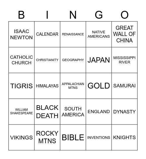 Intro to 7th Grade Social Studies Bingo Card
