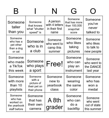 Yearbook Bingo Card