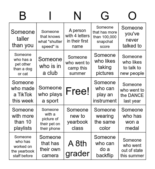 Yearbook Bingo Card