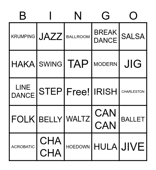 Dance Bingo Card
