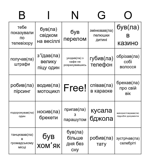 have you ever Bingo Card
