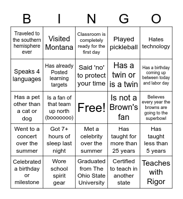 Welcome Back Bingo Card