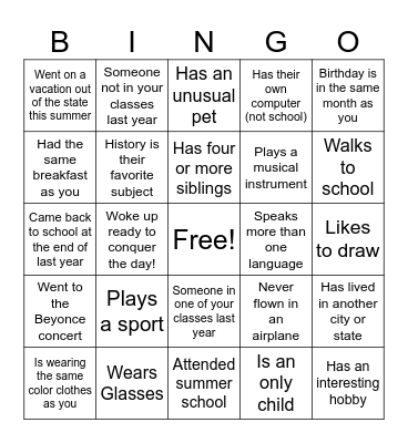 High School Classmate Bingo Card