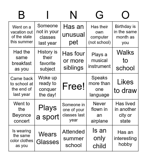 High School Classmate Bingo Card