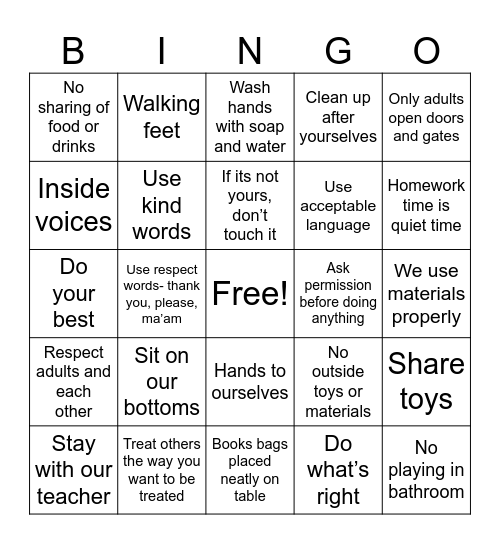 MAP Rules Bingo Card