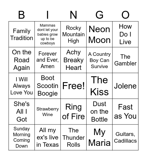 Country Bingo Card