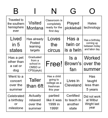 Welcome Back Bingo Card