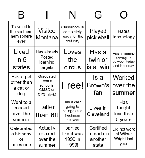Welcome Back Bingo Card