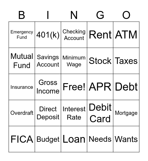 Personal Finance Bingo Card