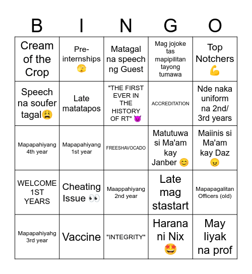 ORIENTATION BINGO CARD Bingo Card
