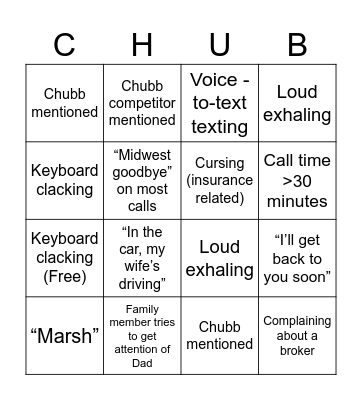 Car Work Bingo Card