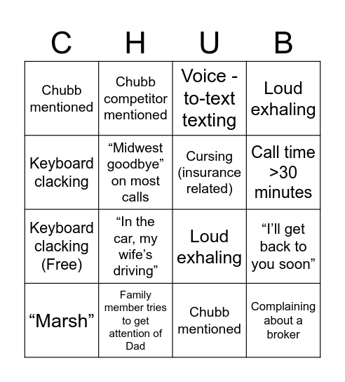 Car Work Bingo Card