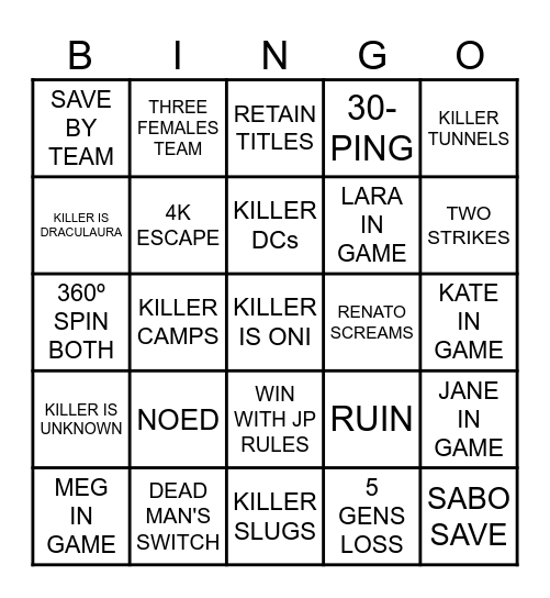 DEAD BY DAYLIGHT Bingo Card