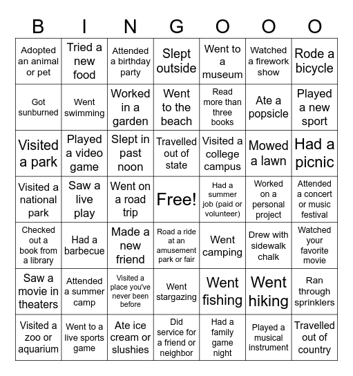 Summer Break Bingo Card