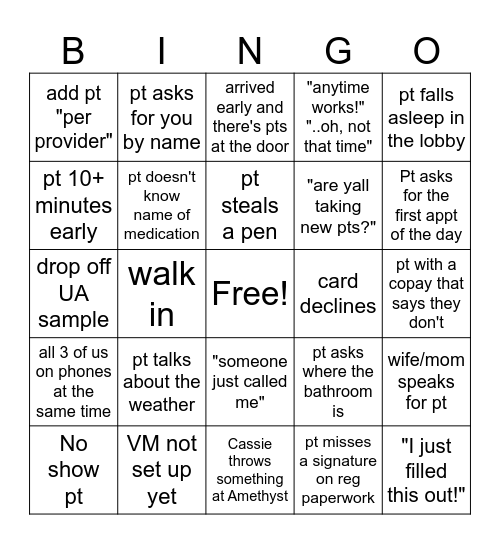 Receptionist Bingo Card